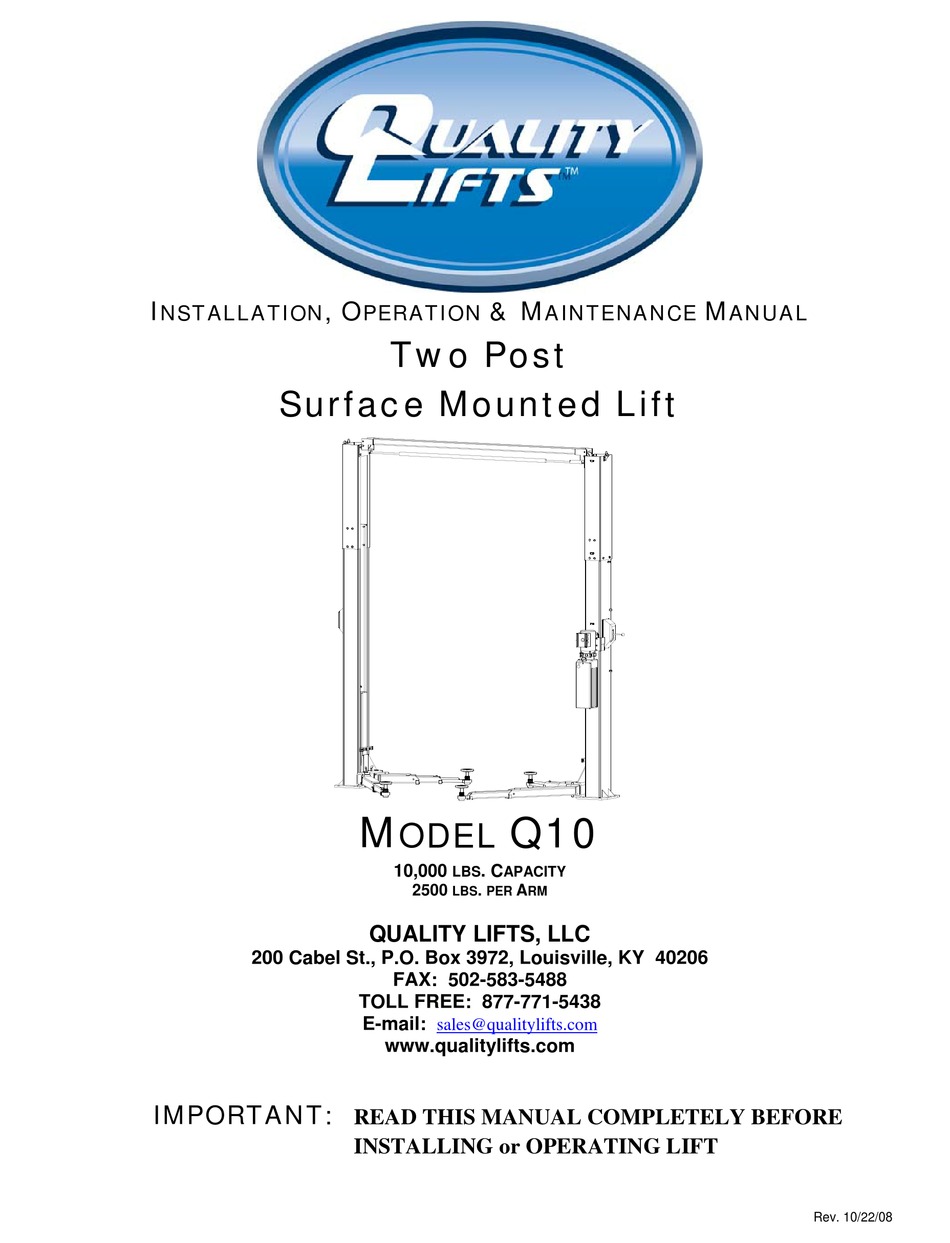 QUALITY LIFTS Q10 INSTALLATION, OPERATION & MAINTENANCE MANUAL Pdf Download ManualsLib