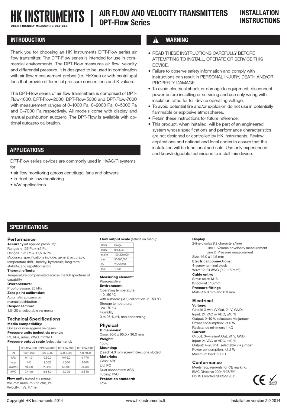 HK INSTRUMENTS DPT-FLOW-1000 INSTALLATION INSTRUCTIONS AND OWNER'S ...