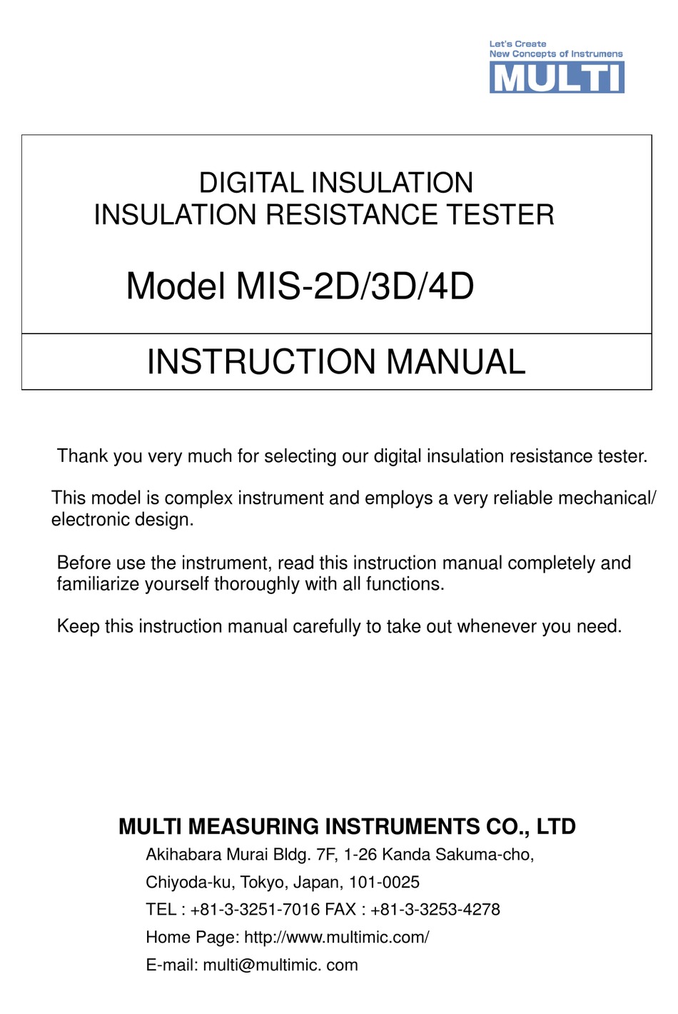 MULTI MEASURING INSTRUMENTS CO.,LTD. MIS2D INSTRUCTION MANUAL Pdf