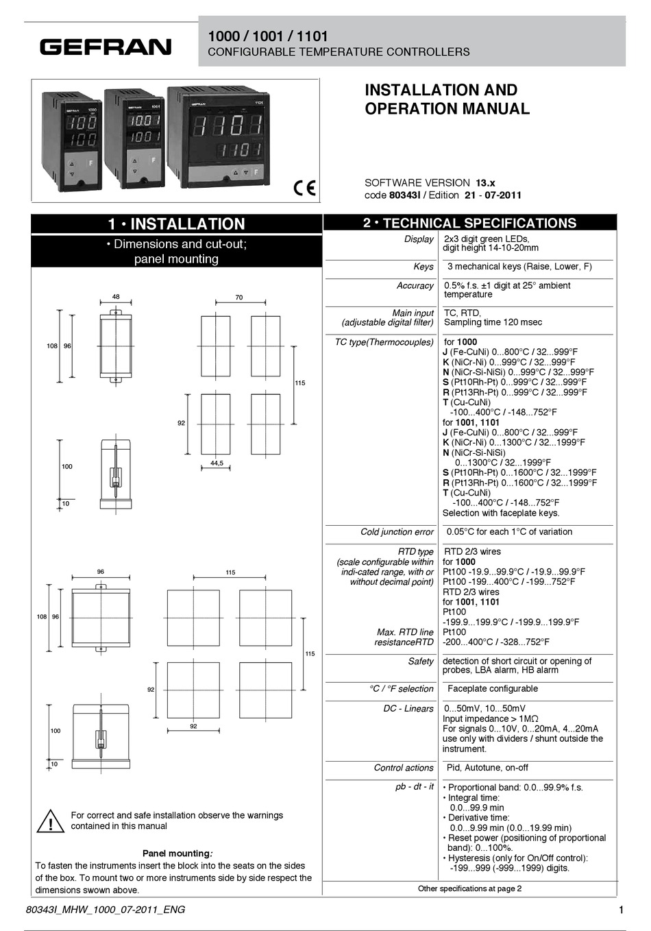 Gefran 1000 Installation And Operation Manual Pdf Download Manualslib
