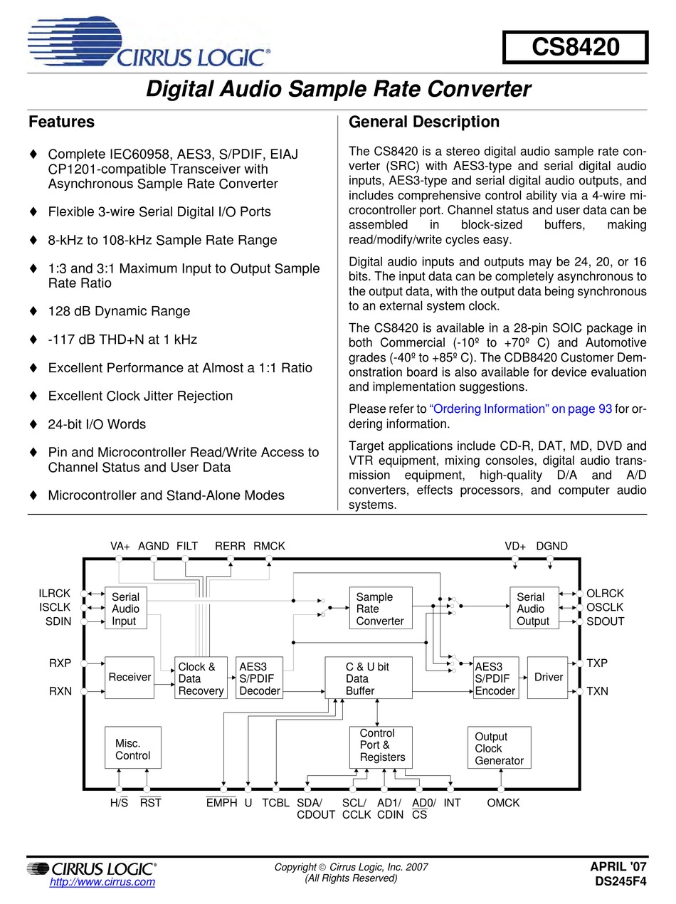 CIRRUS LOGIC CS8420 MANUAL Pdf Download ManualsLib