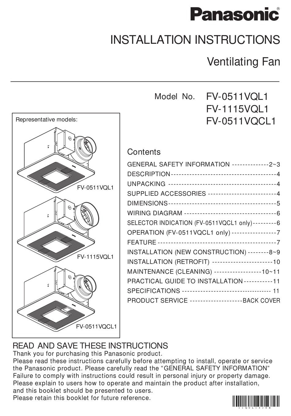 PANASONIC FV-0511VQL1 INSTALLATION INSTRUCTIONS MANUAL Pdf Download