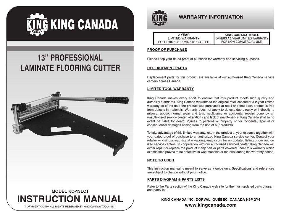King Canada Kc 13lct Instruction Manual, King Canada Professional Laminate Flooring Cutter