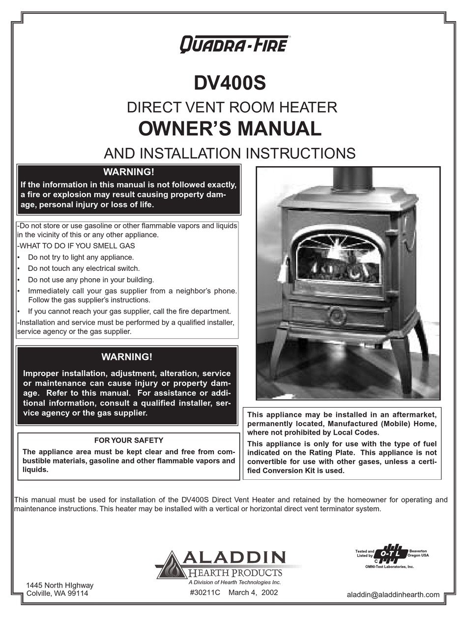 QUADRA-FIRE DV400S OWNER'S MANUAL AND INSTALLATION INSTRUCTIONS Pdf  Download | ManualsLib