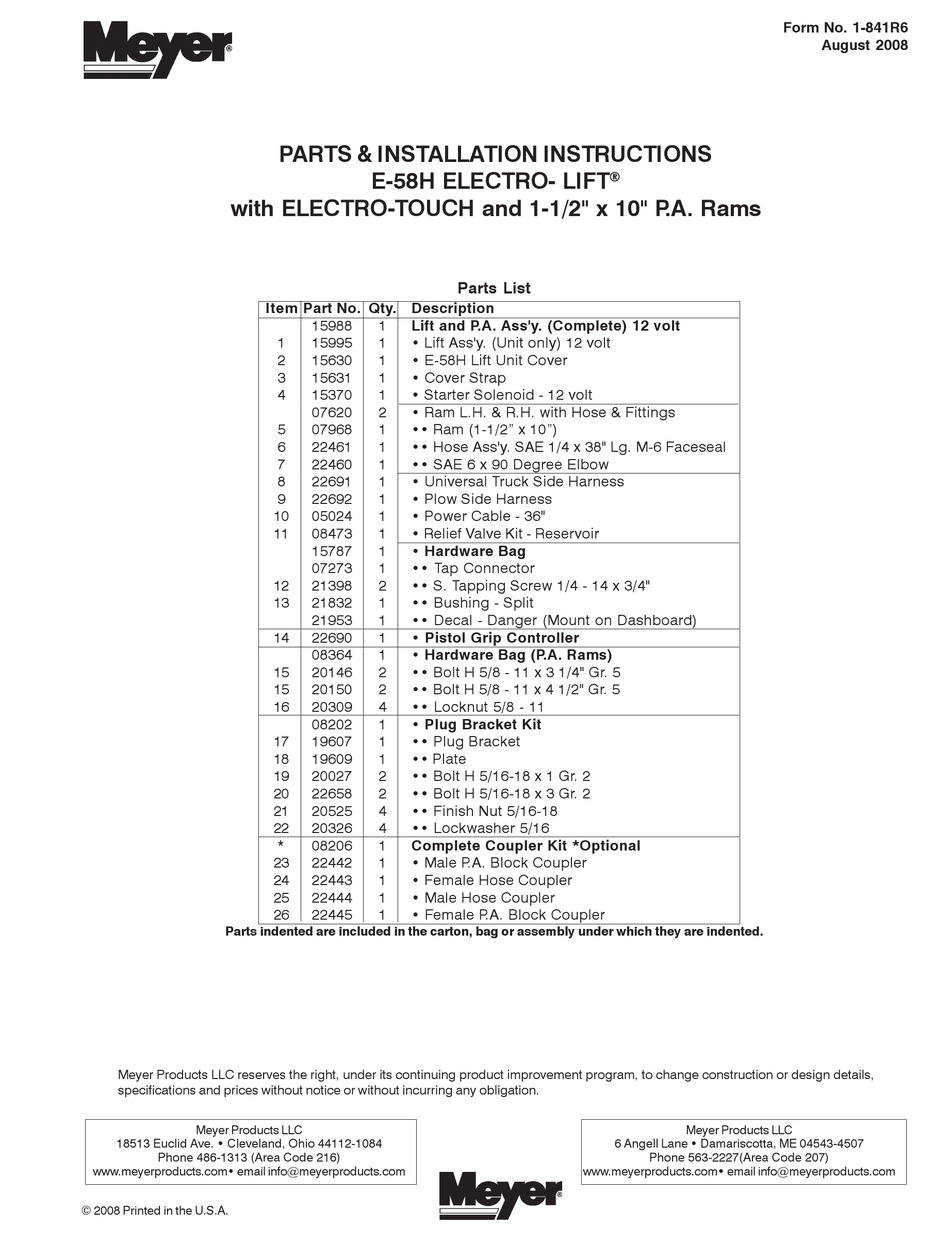 MEYER E-58H INSTALLATION INSTRUCTIONS Pdf Download | ManualsLib