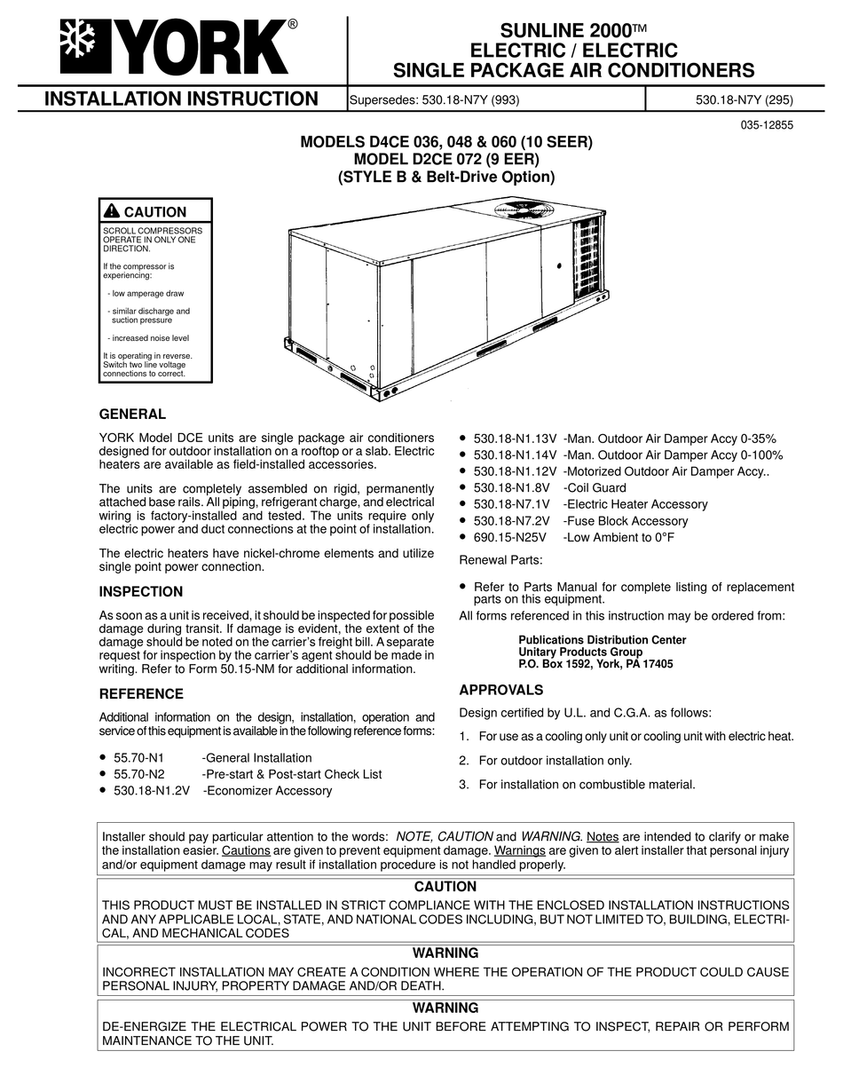 YORK SUNLINE 2000 INSTALLATION INSTRUCTION Pdf Download | ManualsLib