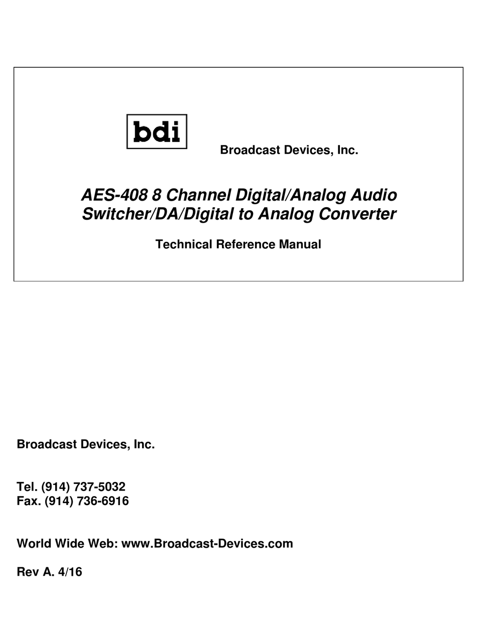 BROADCAST DEVICES AES408 TECHNICAL REFERENCE MANUAL Pdf Download