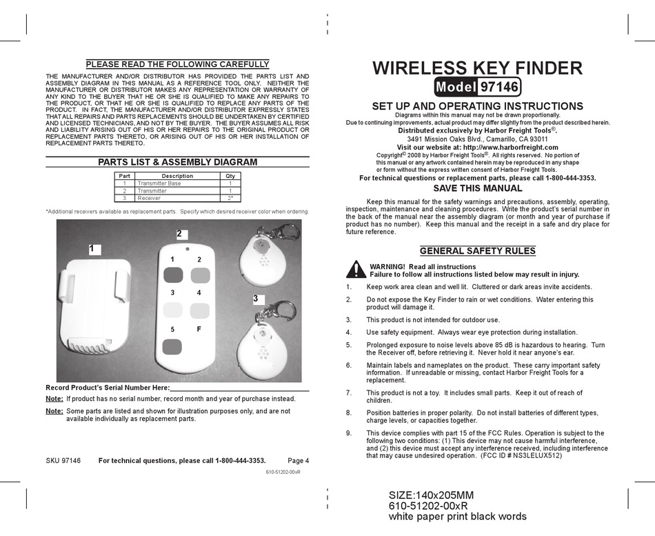 HARBOR FREIGHT TOOLS 97146 SET UP AND OPERATING INSTRUCTIONS Pdf