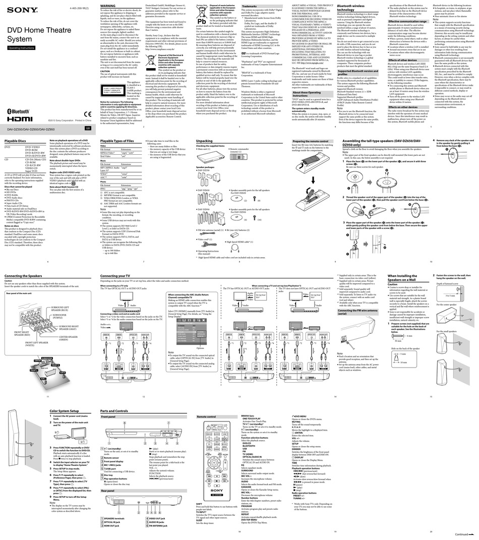 Sony Dav Dz350 Operating Instructions Pdf Download Manualslib