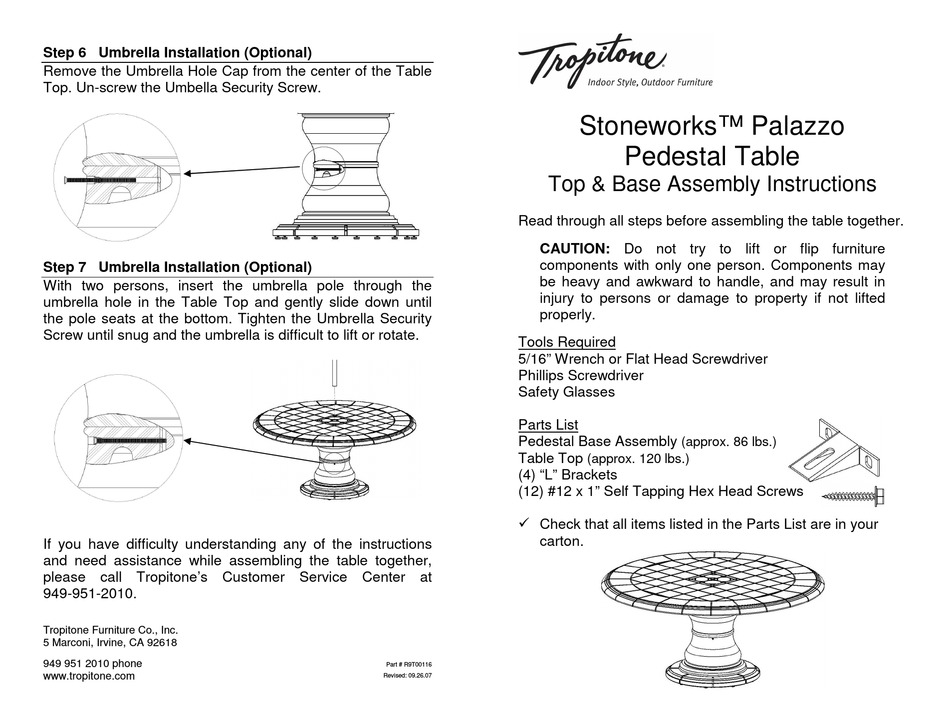 TROPITONE STONEWORKS PALAZZO PEDESTAL TABLE ASSEMBLY INSTRUCTIONS Pdf
