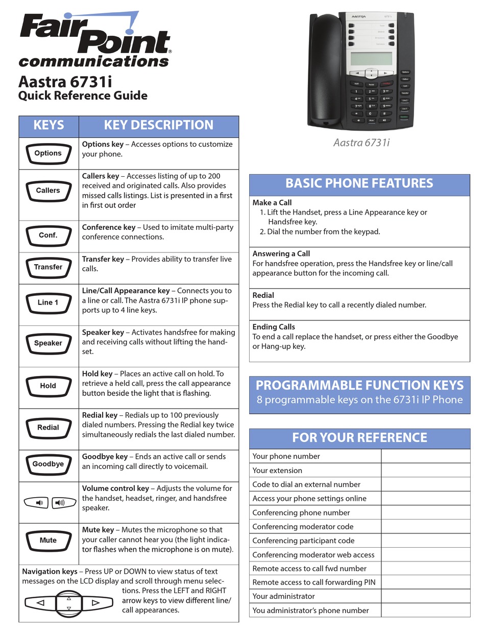 AASTRA 6731I QUICK REFERENCE MANUAL Pdf Download | ManualsLib
