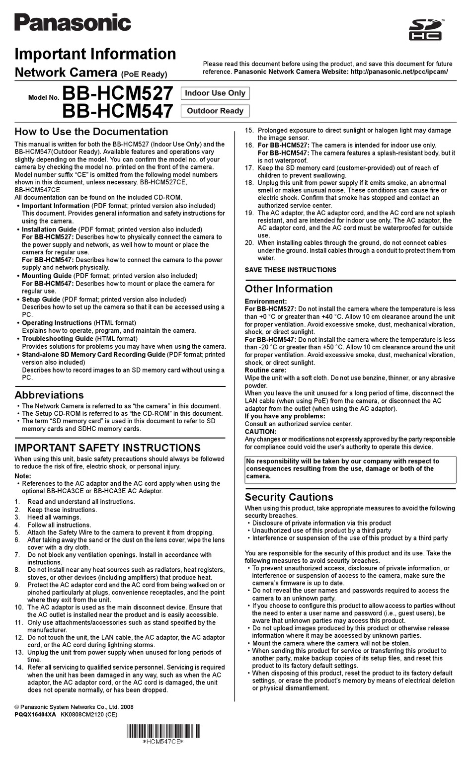 PANASONIC BB-HCM527 IMPORTANT INFORMATION Pdf Download | ManualsLib