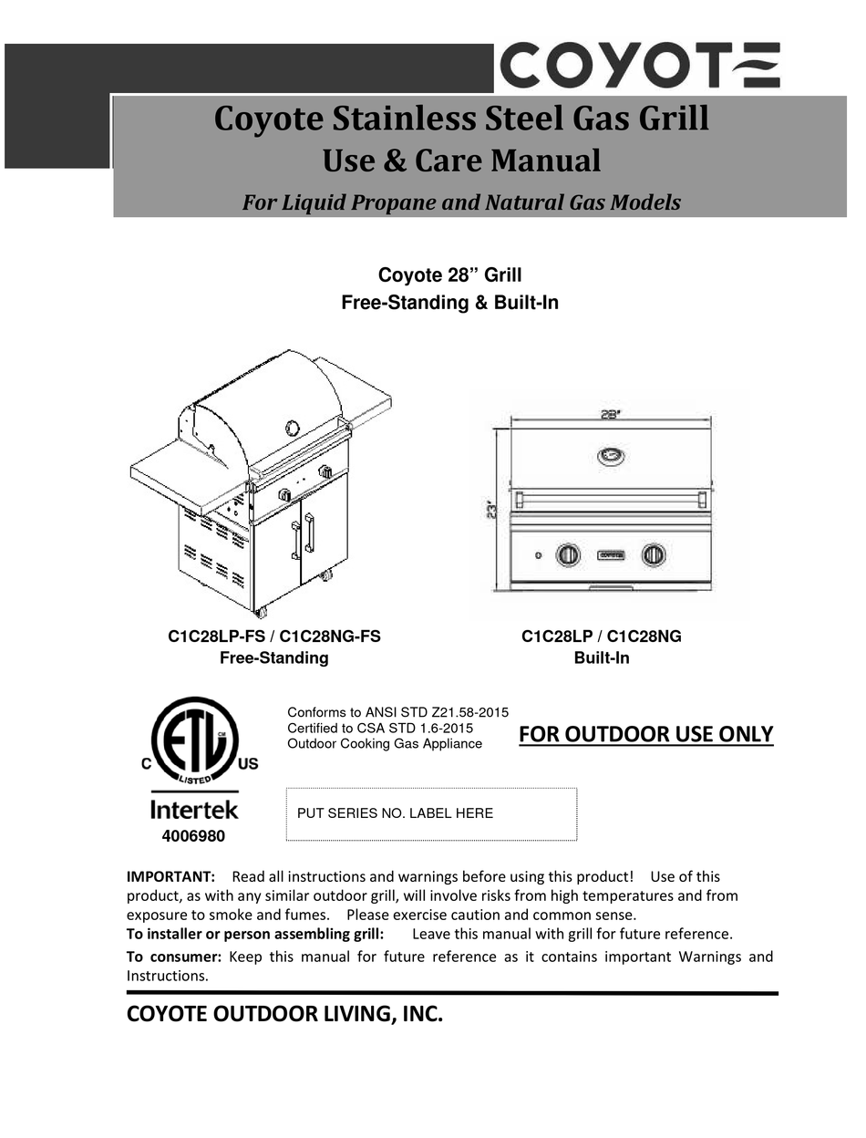 coyote grills official site parts on Coyote C1c28lp Fs Use Care Manual Pdf Download Manualslib