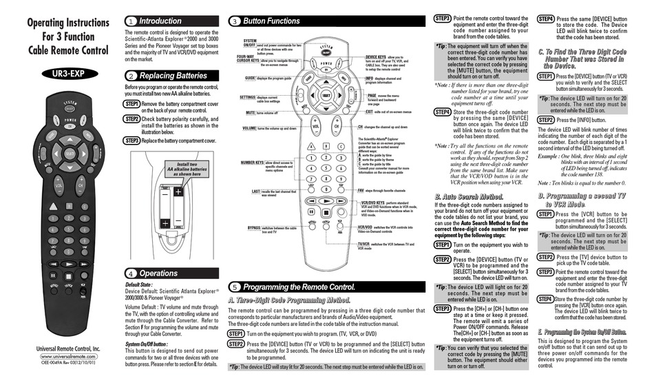 UNIVERSAL REMOTE CONTROL UR3EXP OPERATING INSTRUCTIONS Pdf Download ManualsLib