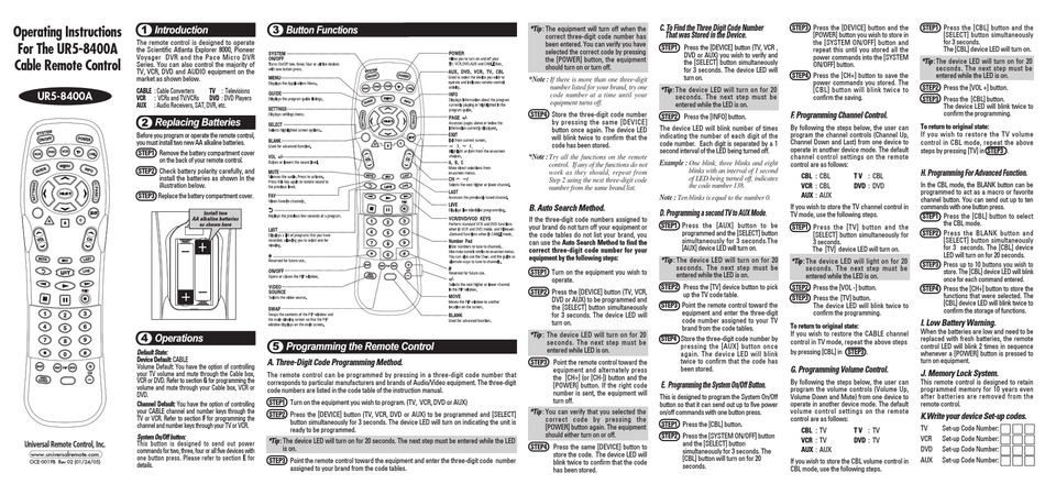 UNIVERSAL REMOTE CONTROL UR5-8400A OPERATING INSTRUCTIONS Pdf Download