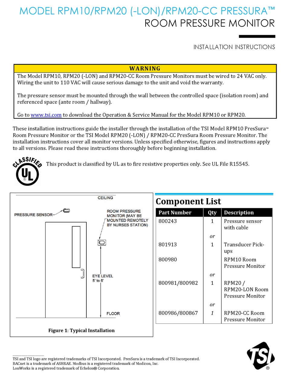 TSI INSTRUMENTS PRESSURA RPM10 INSTALLATION INSTRUCTIONS AND SAFETY