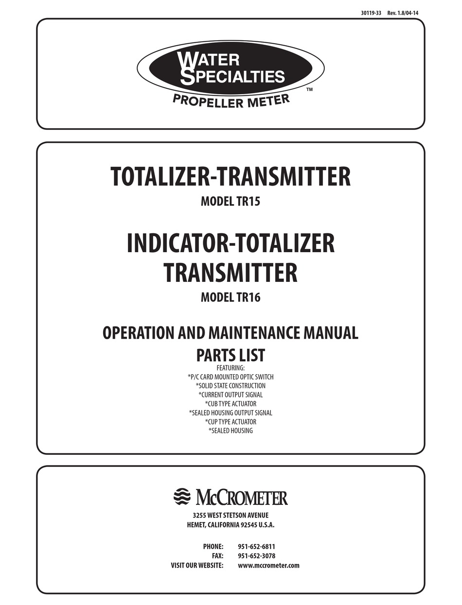 WATER SPECIALTIES TR15 OPERATION AND MAINTENANCE MANUAL Pdf Download