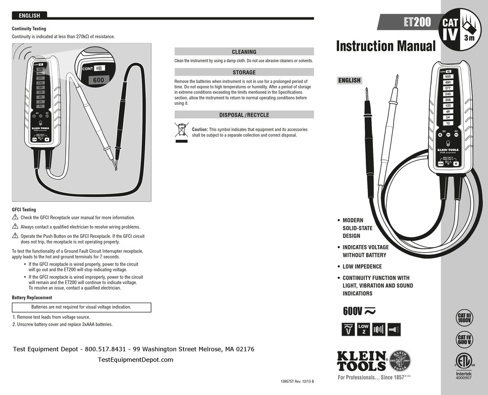 KLEIN TOOLS ET200 INSTRUCTION MANUAL Pdf Download | ManualsLib