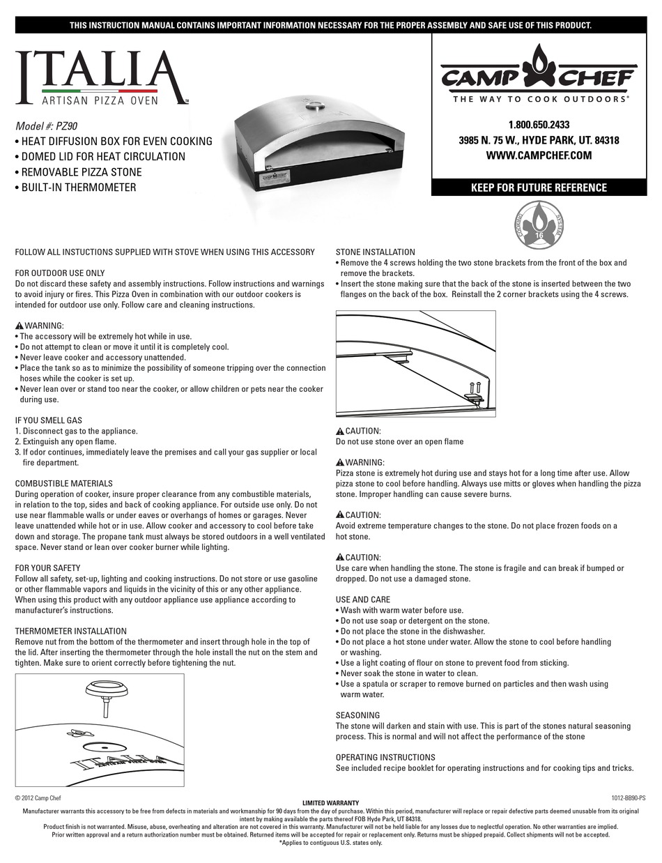 CAMP CHEF PZ90 INSTRUCTION MANUAL Pdf Download ManualsLib