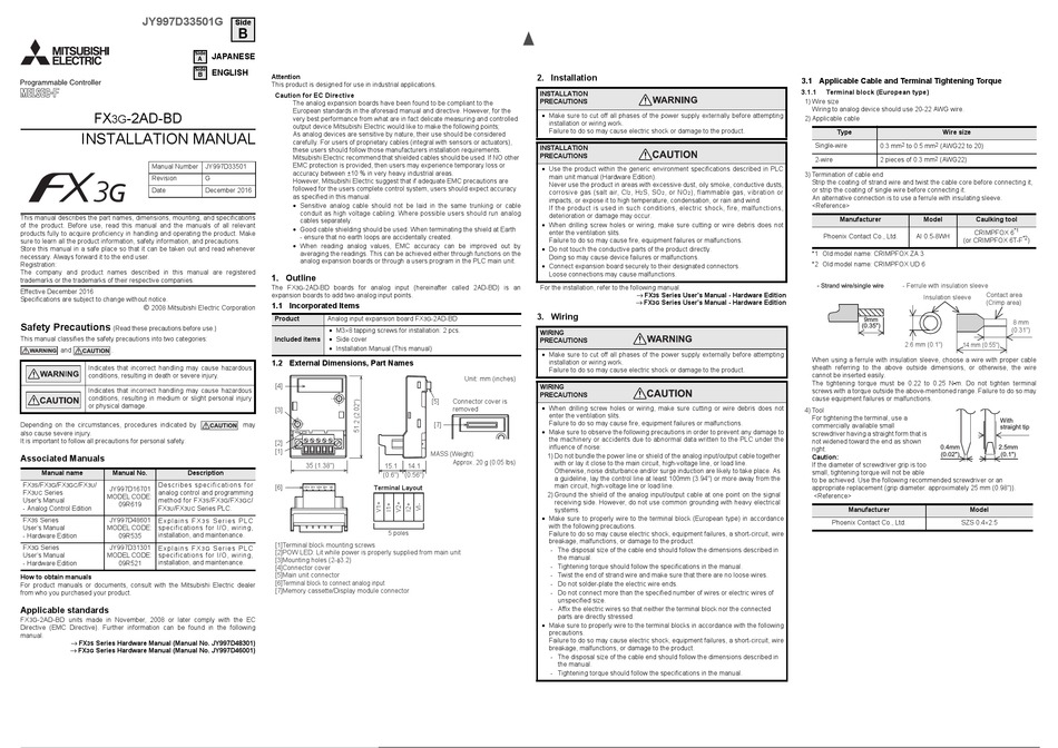 MITSUBISHI ELECTRIC FX3G-2AD-BD INSTALLATION MANUAL Pdf Download