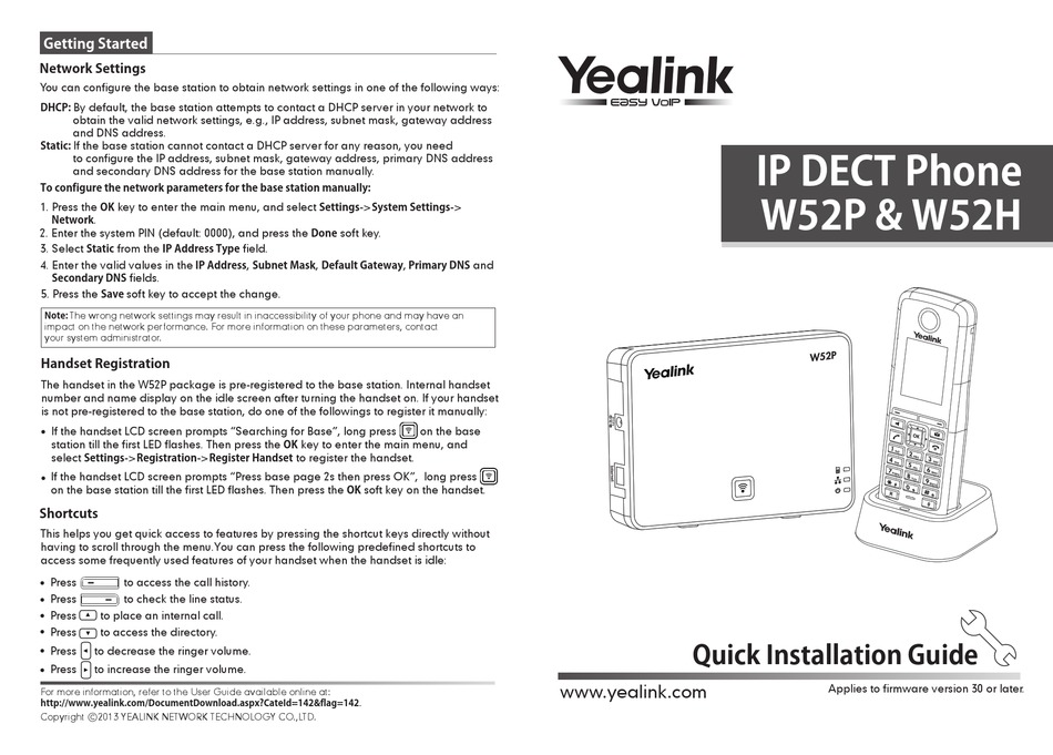 YEALINK W52H QUICK INSTALLATION MANUAL Pdf Download | ManualsLib