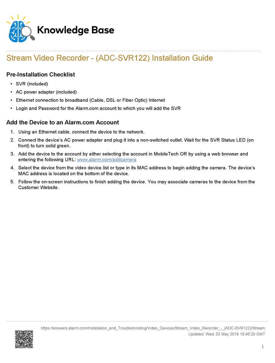 ALARM.COM ADC-SVR122 INSTALLATION MANUAL Pdf Download | ManualsLib