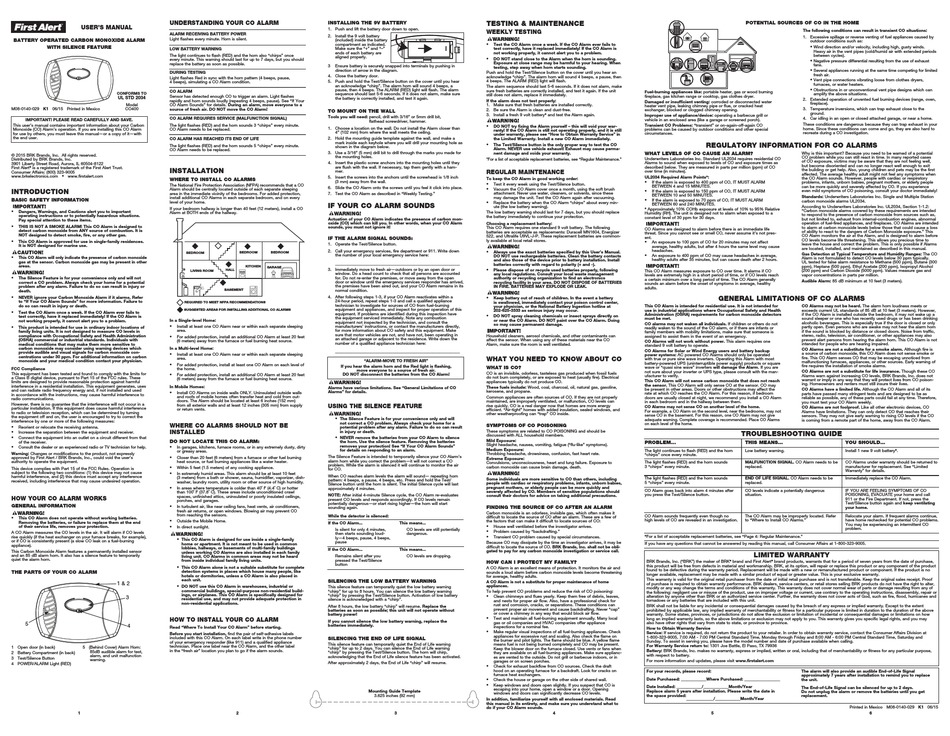 FIRST ALERT CO400 USER MANUAL Pdf Download ManualsLib