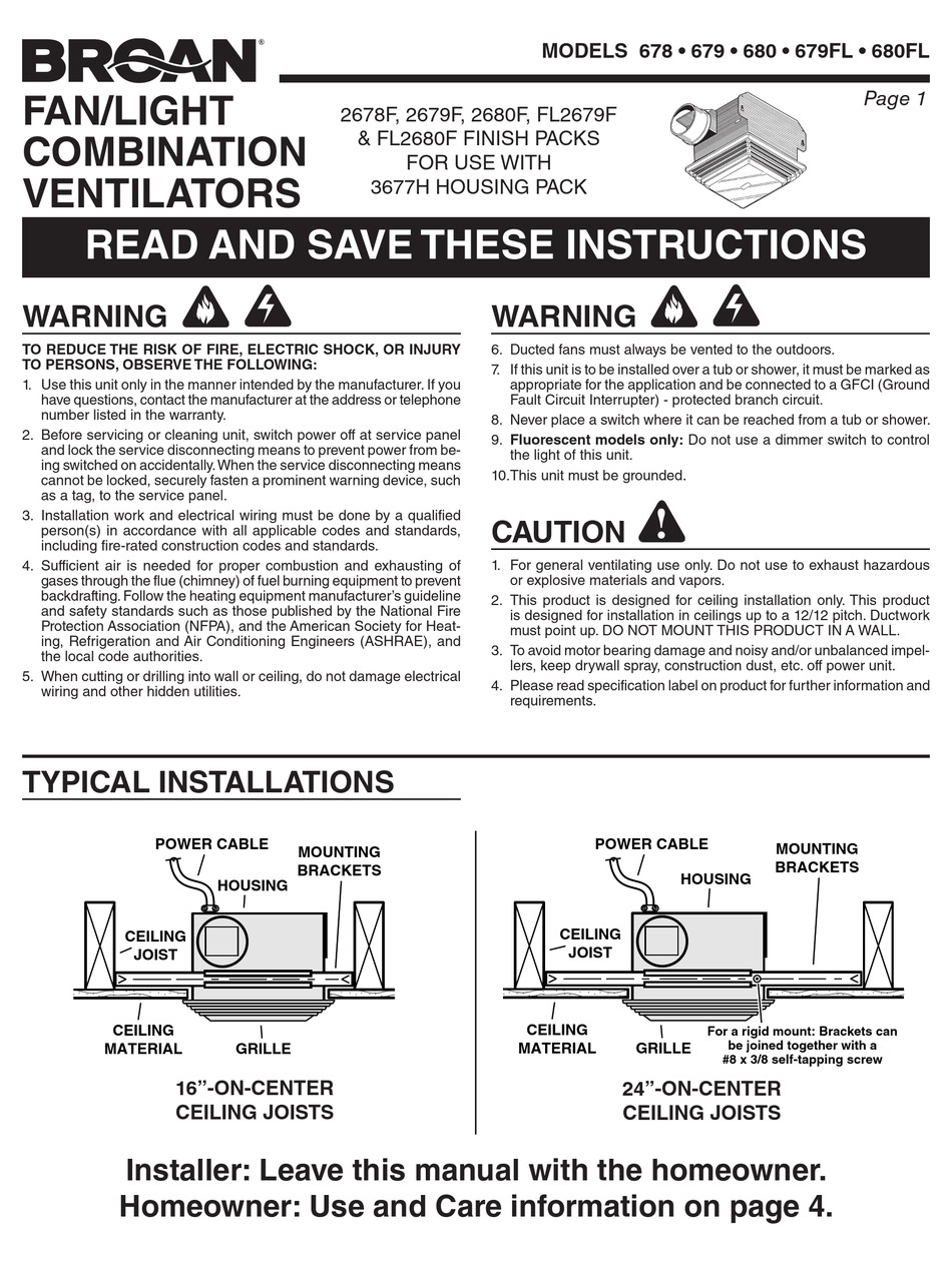 Broan 678 Installation Manual Pdf Download Manualslib