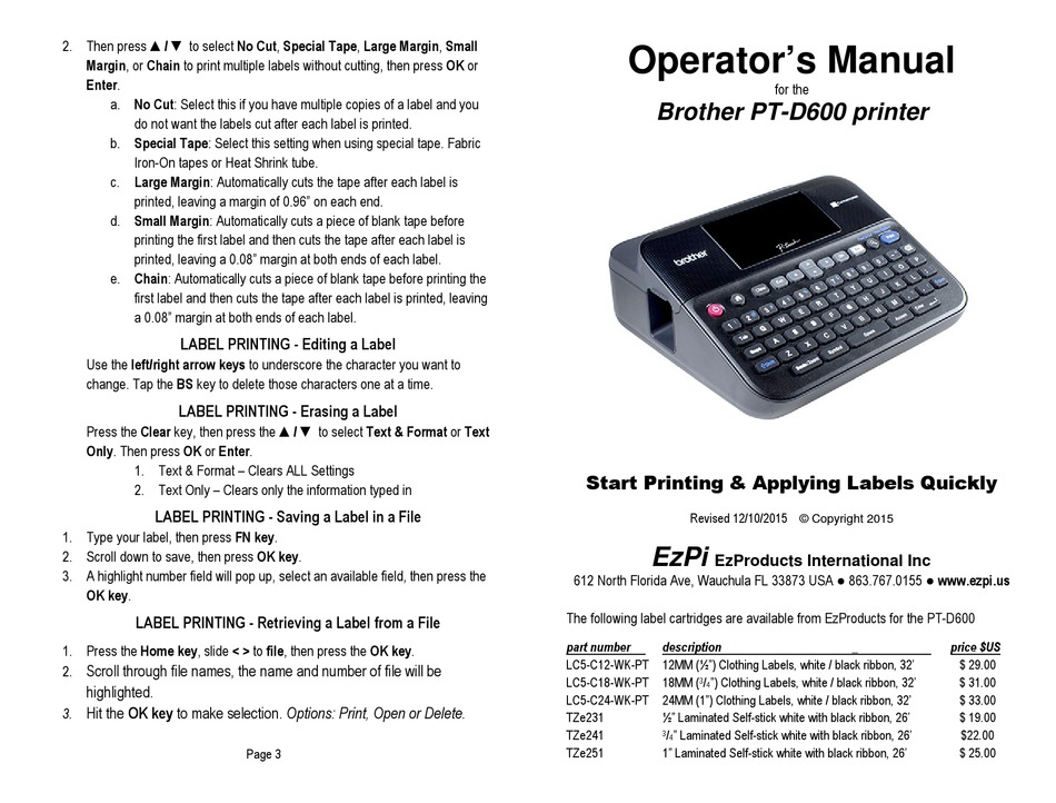 BROTHER PTD600 OPERATOR'S MANUAL Pdf Download ManualsLib