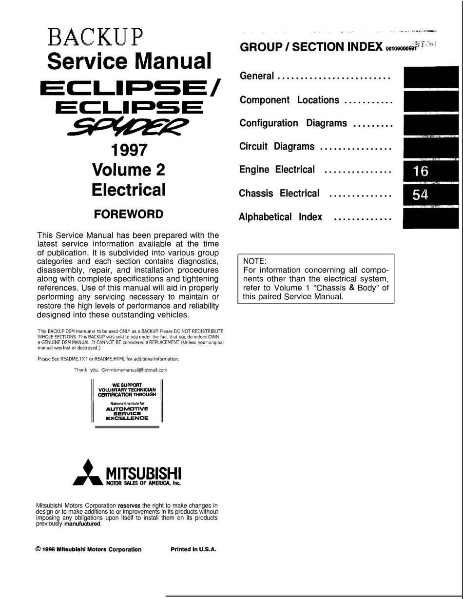 Mitsubishi Motors Eclipse 1997 Service Manual Pdf Download Manualslib