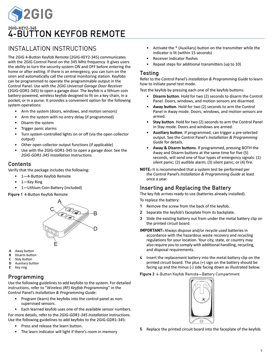 2GIG TECHNOLOGIES 2GIGKEY2345 INSTALLATION INSTRUCTIONS Pdf Download