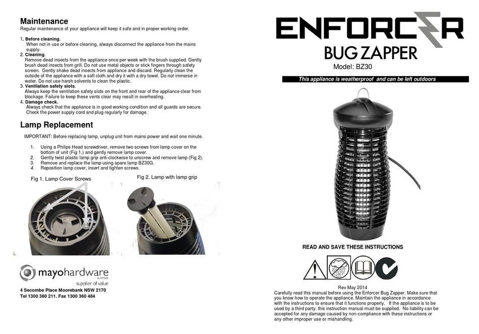 ENFORCER BUG ZAPPER BZ30 INSTRUCTIONS Pdf Download ManualsLib