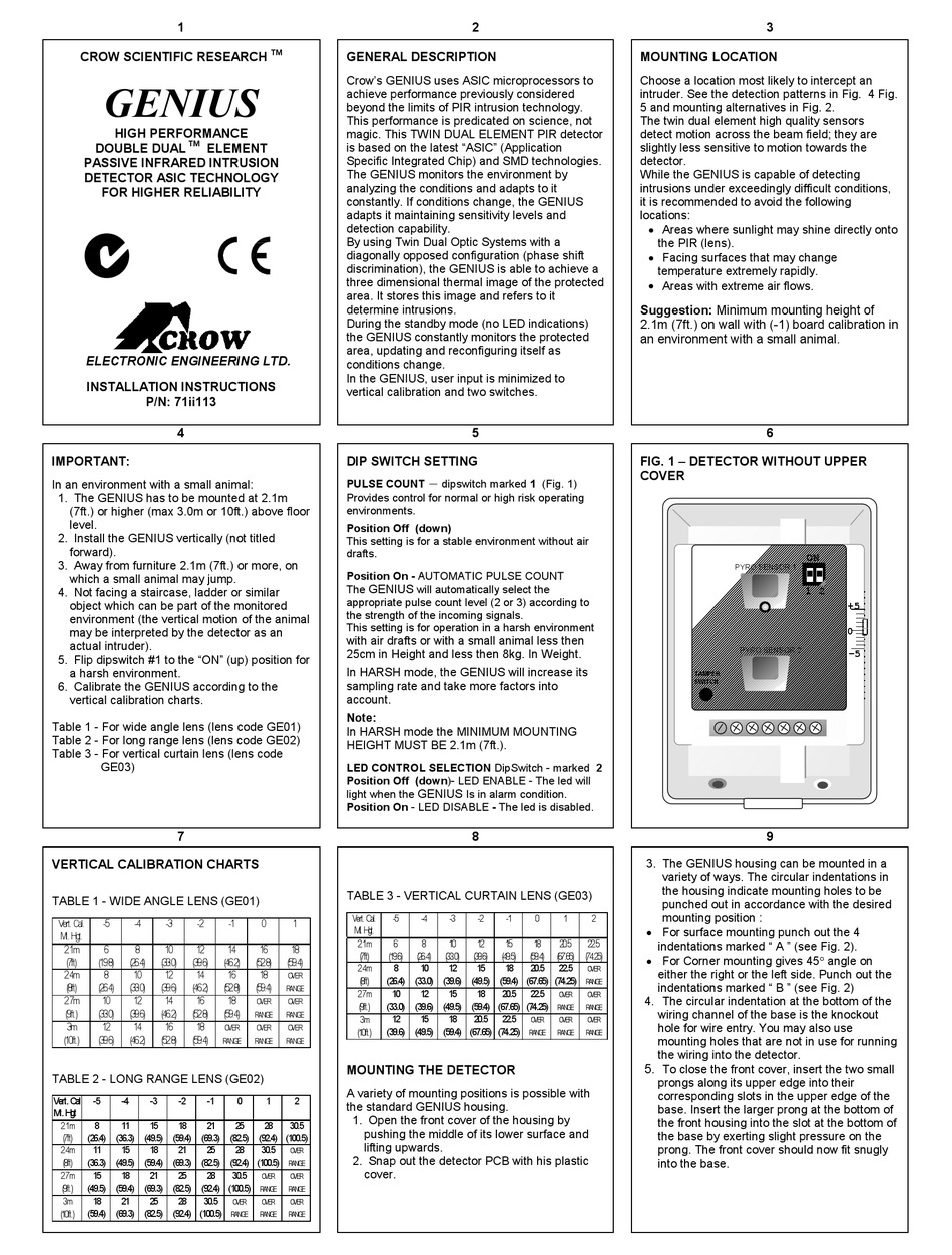 CROW GENIUS INSTALLATION INSTRUCTIONS AND INSTRUCTIONS FOR USE Pdf