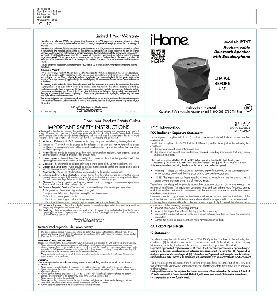 IHOME IBT67 INSTRUCTION MANUAL Pdf Download | ManualsLib