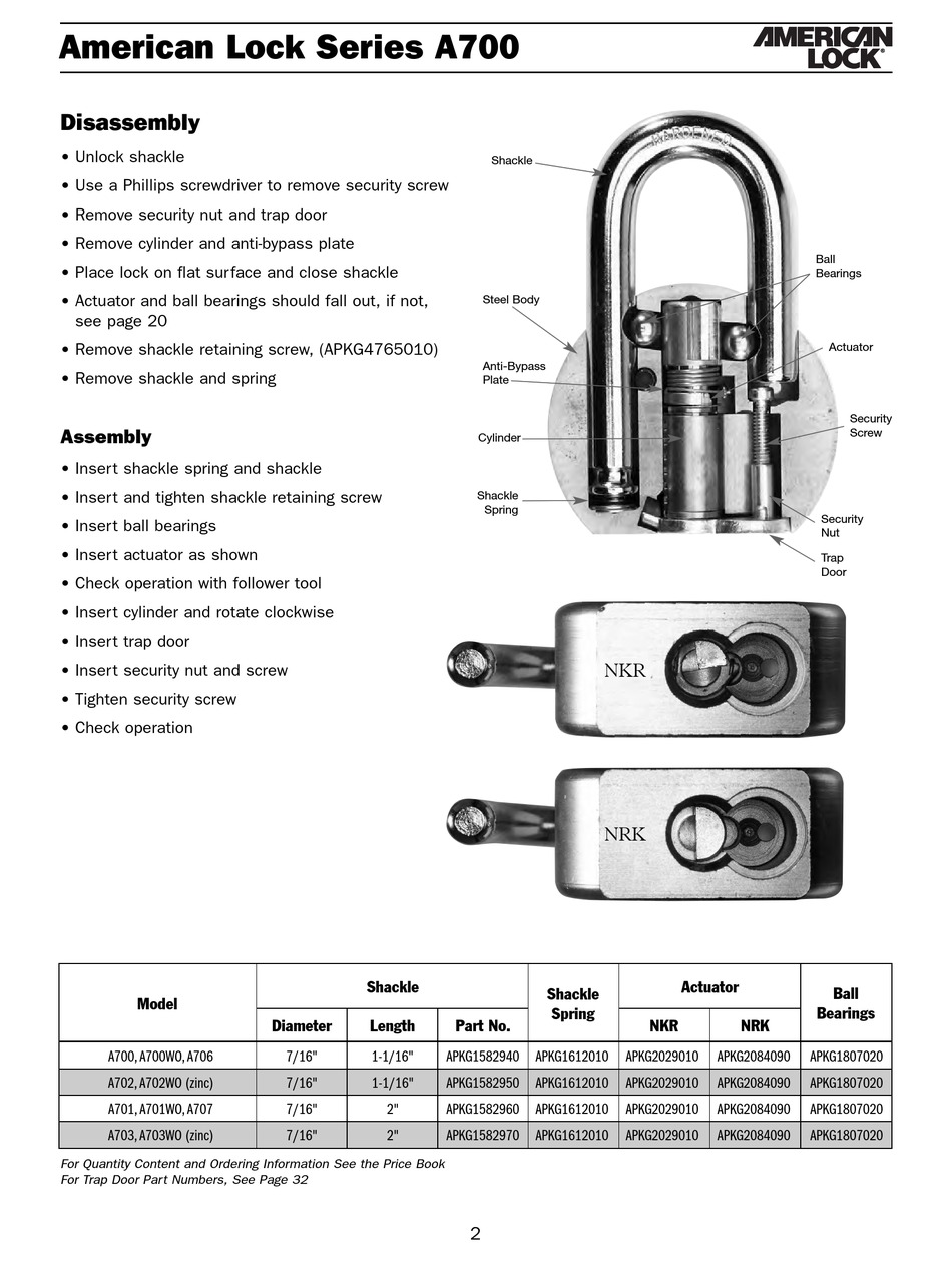 AMERICAN LOCK A700 ASSEMBLY/DISASSEMBLY MANUAL Pdf Download ManualsLib