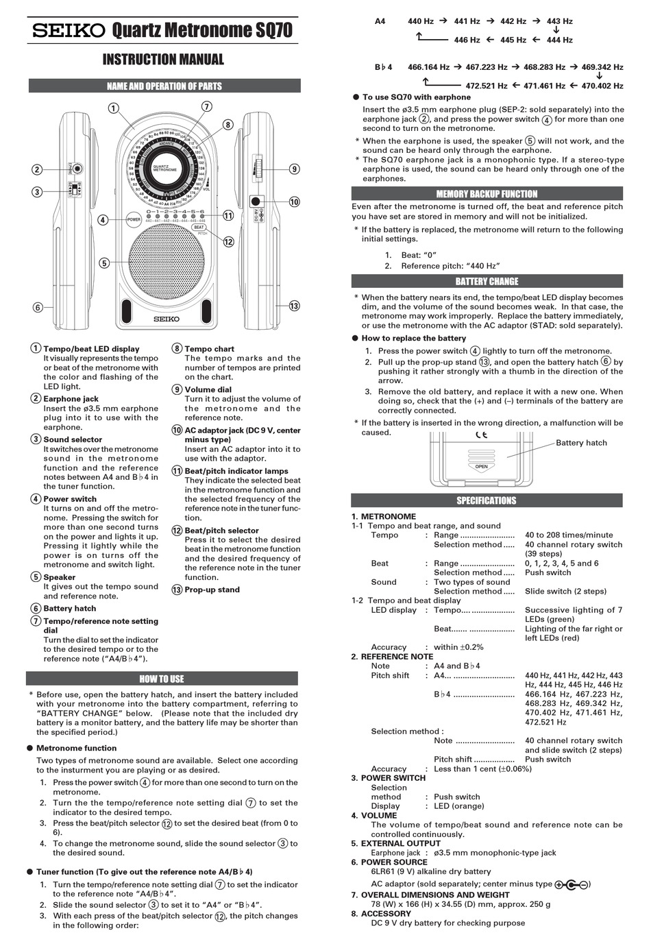 SEIKO QUARTZ METRONOME SQ70 INSTRUCTION MANUAL Pdf Download | ManualsLib