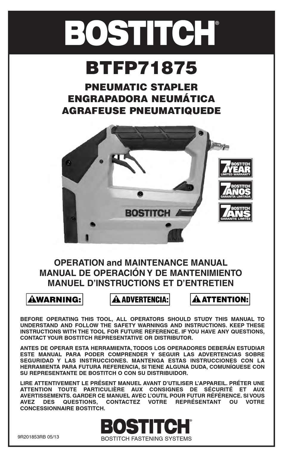 BOSTITCH BTFP71875 OPERATION AND MAINTENANCE MANUAL Pdf Download