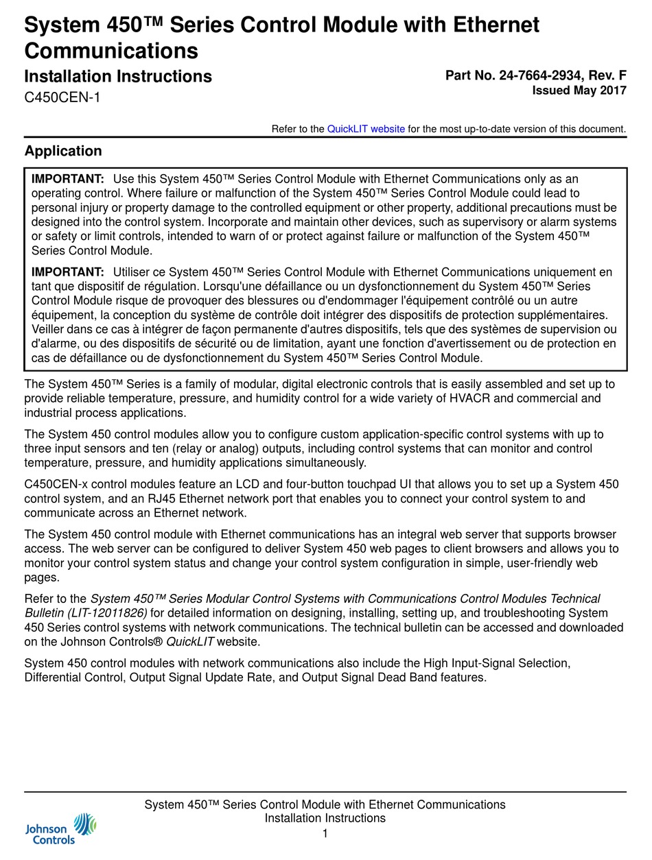 johnson-controls-system-450-series-installation-instructions-and