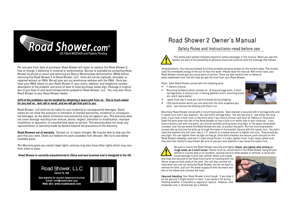 ROAD SHOWER 2 OWNER'S MANUAL Pdf Download ManualsLib