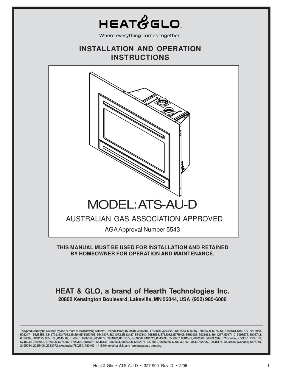 HEAT & GLO ATS-AU-D INSTALLATION AND OPERATION INSTRUCTIONS MANUAL Pdf