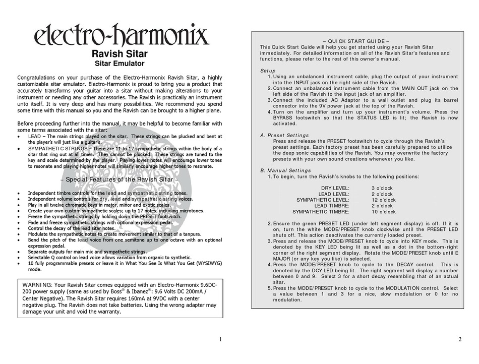 ELECTROHARMONIX RAVISH SITAR QUICK START MANUAL Pdf Download ManualsLib