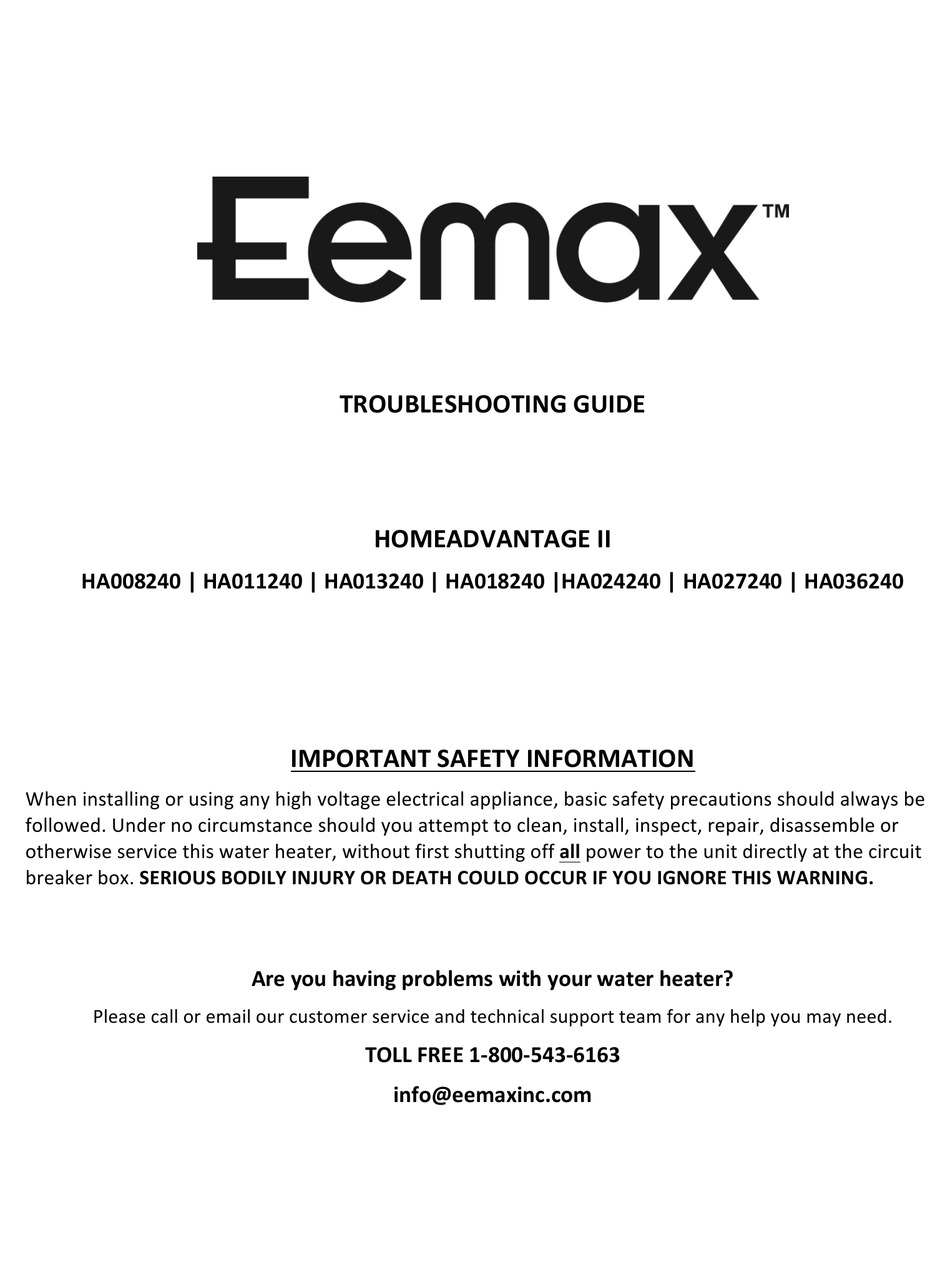 EEMAX HA008240 TROUBLESHOOTING MANUAL Pdf Download | ManualsLib