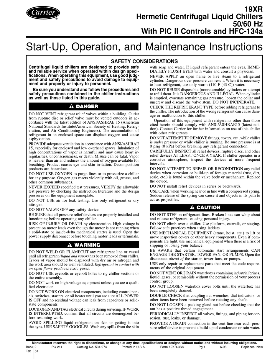 CARRIER 19XR START-UP, OPERATION AND MAINTENANCE INSTRUCTIONS MANUAL