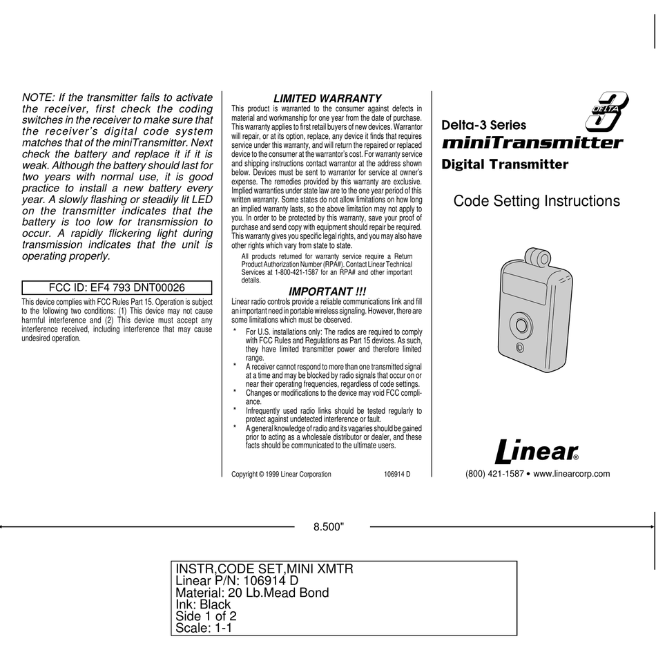 LINEAR DELTA-3 SERIES CODE SETTING INSTRUCTIONS Pdf Download | ManualsLib