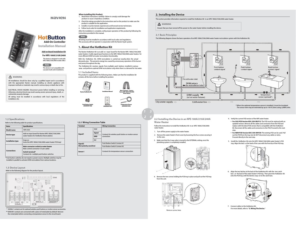 NAVIEN HOTBUTTON NPE-ODC INSTALLATION MANUAL Pdf Download | ManualsLib