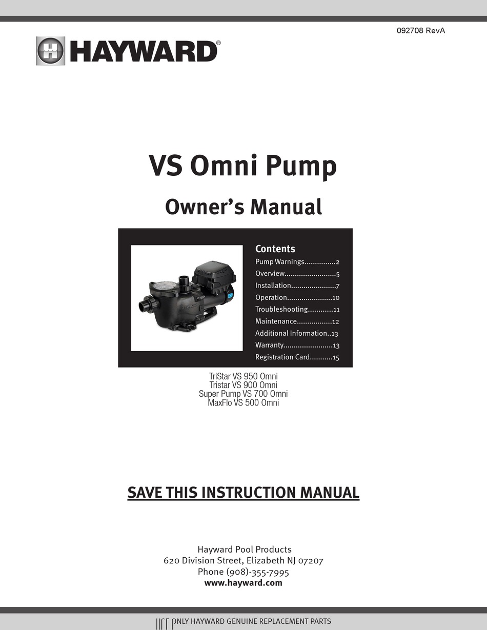 HAYWARD TRISTAR VS 950 OMNI OWNER'S MANUAL Pdf Download | ManualsLib