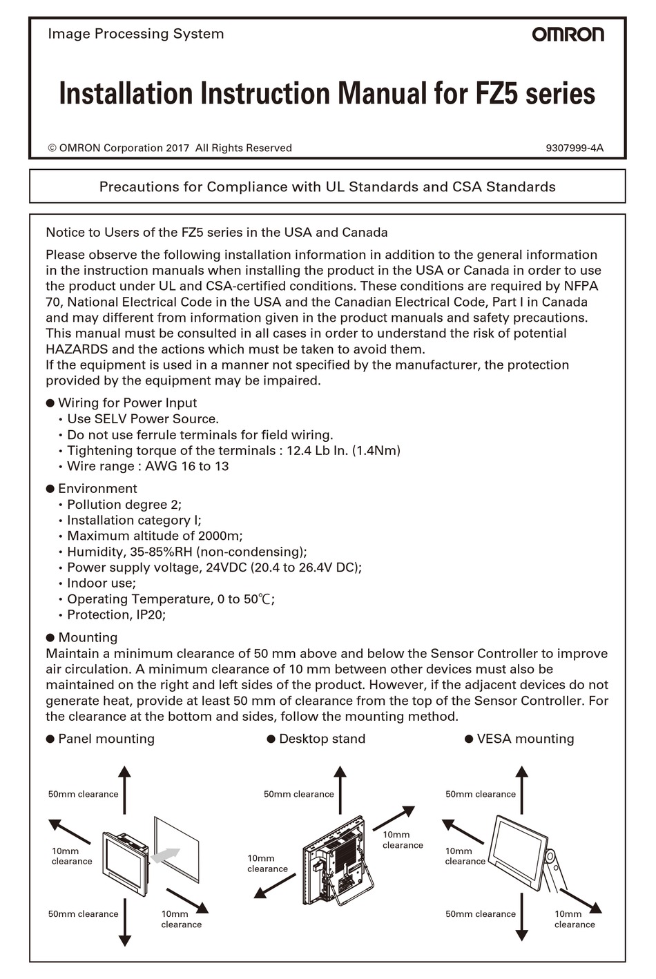 OMRON FZ5 SERIES INSTALLATION INSTRUCTIONS MANUAL Pdf Download ManualsLib