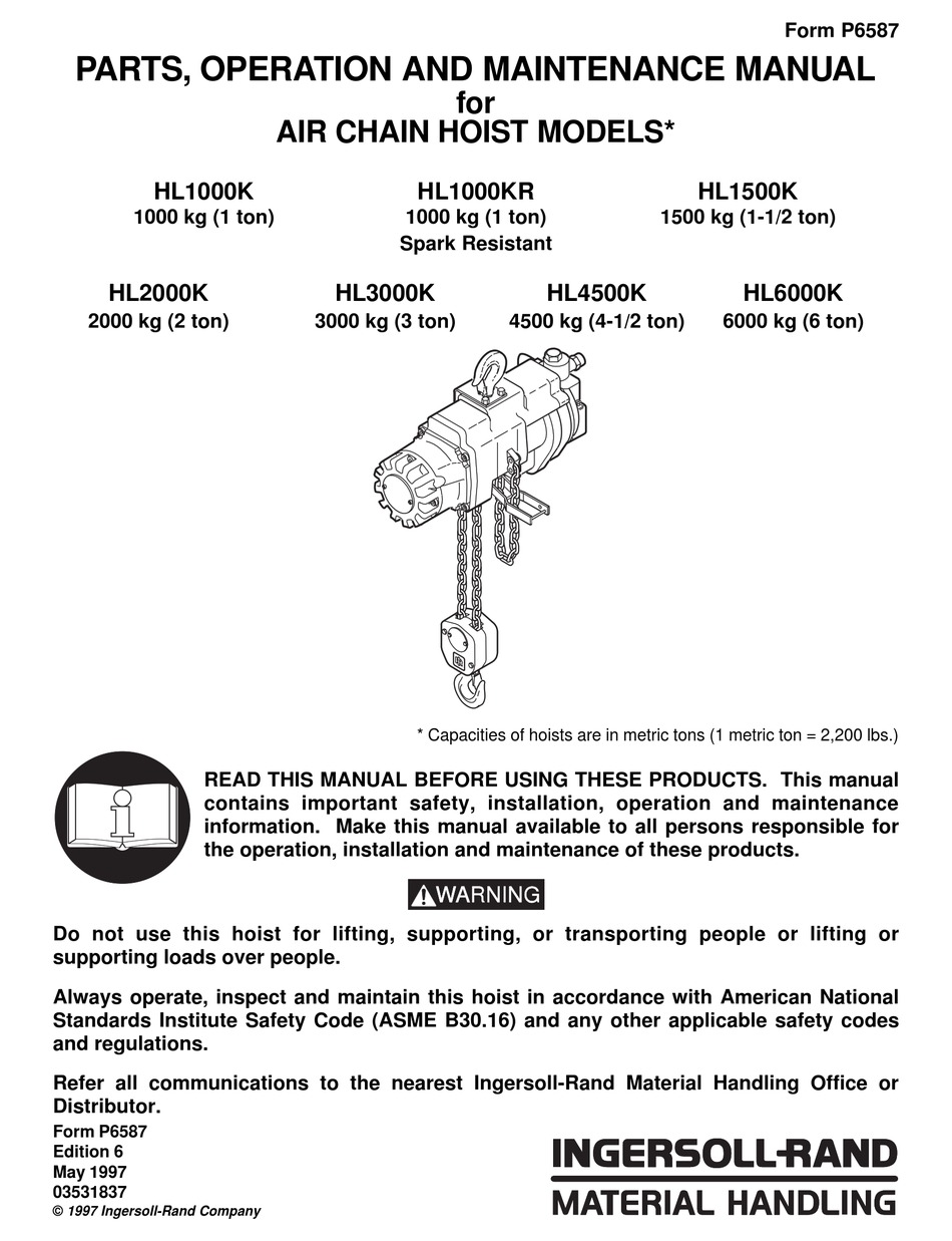 INGERSOLL-RAND HL1500K PARTS, OPERATION AND MAINTENANCE MANUAL Pdf ...