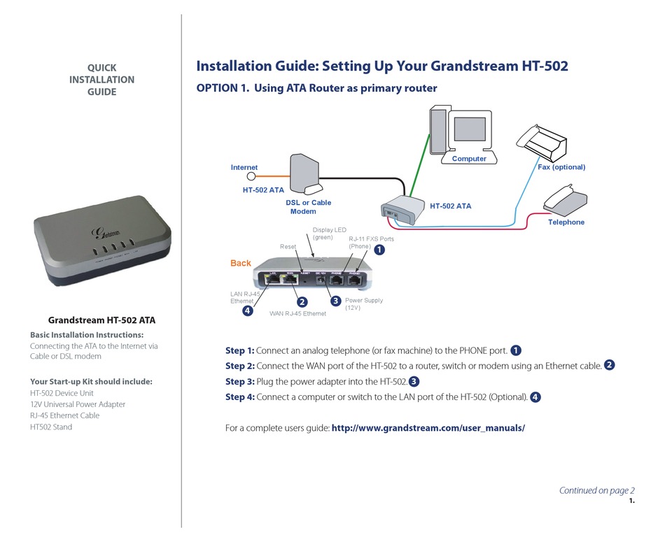 Grandstream Networks Ht 502 Ata Quick Installation Manual Pdf Download