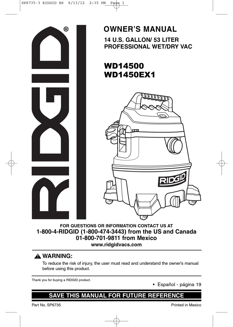 Ridgid Wd14500 Owner S Manual Pdf Download Manualslib